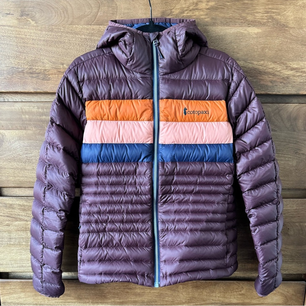Cotopaxi Fuego Down Hooded Jacket Packable Puffer Lightweight Black Iris Stripes